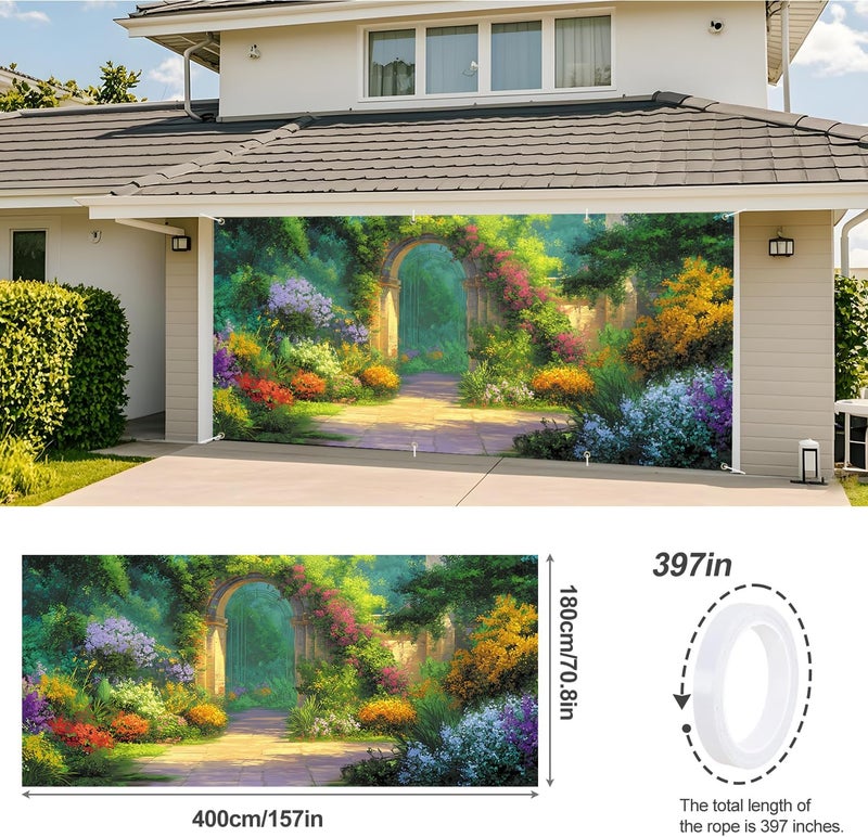 ANNA QUEEN Garden Archway Garage Door Banner 6x13FT, Colorful Flower Path Garage Door Cover, Large Outdoor Garden Decoration for Garage Doors, Fence & Fantasy Party Backdrop - Image 3